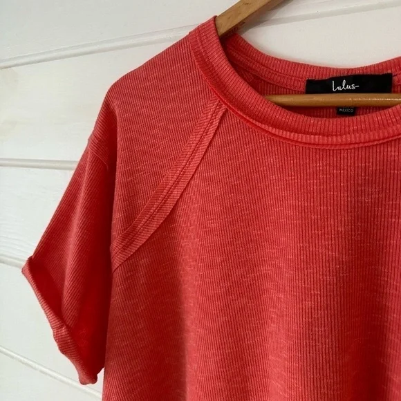 Lulu’s Cute Charisma Coral Pink Short Sleeve Slub Cropped Oversized Slouchy Tee - Picture 6 of 12